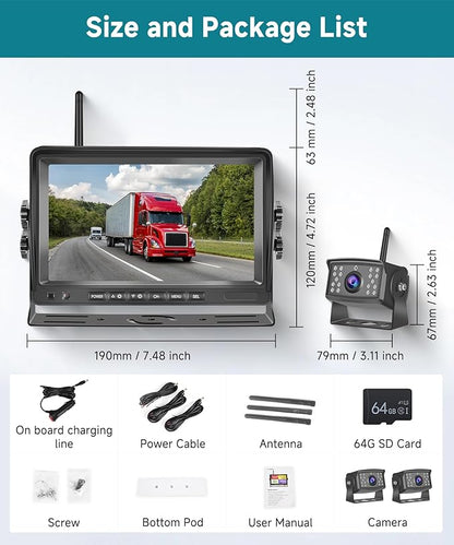 Wireless Backup Camera for RV, 7" IPS Monitor Kit+ 2 AHD Rear View Camera Waterproof Night Vision DVR Recording, Wireless Reverse Camera 12V-36V for Truck/Trailer/RV/Camper/Excavator/Caravan