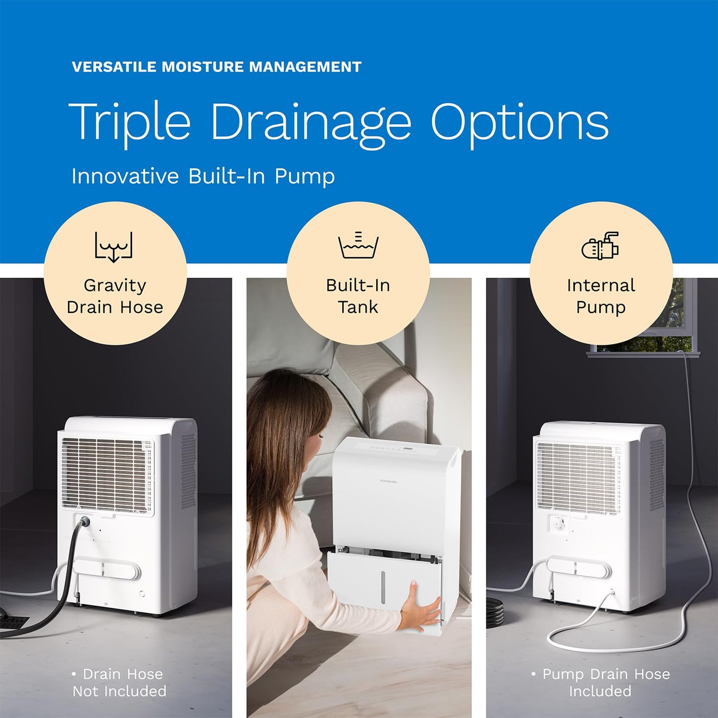 hOmeLabs Dehumidifier 7,500 Sq Ft 50 Pint with Pump 120 Pint 95°F, 90% RH