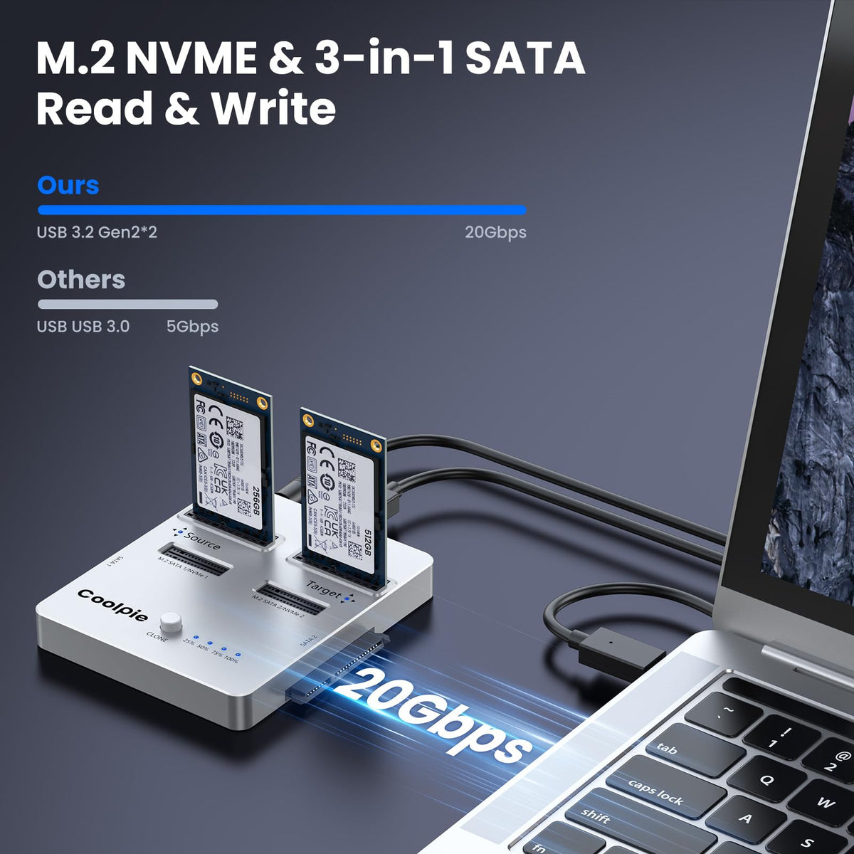 Coolpie 4-in-1 SSD Cloner, Supports M.2 NVMe/SATA 4 Mode (Silver)