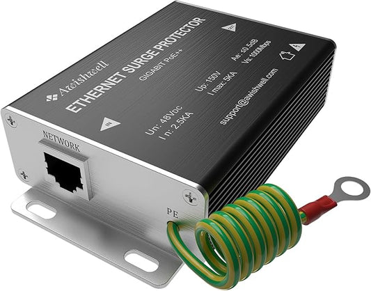Awishwell Ethernet Surge Protector Gigabit, Ethernet Lightning Arrestor PoE++ 802.3af/at/bt-RJ45 Lightning Suppressor-SPD with PTC/Gas Discharge Tube/Mounting Flange-1000Mbps,1Pack