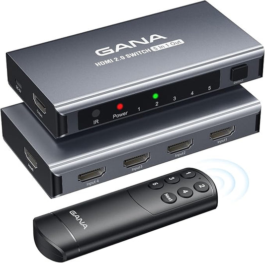 HDMI Switch 5 in 1 Out 4K@60Hz, GANA HDMI Splitter Switcher with Remote, Aluminum HDMI 2.0 Switch Box Hub for 3D, HDCP2.2, HDR, Compatible with Xbox, PS5/4/3,Fire Stick,Roku,Blu-Ray Player