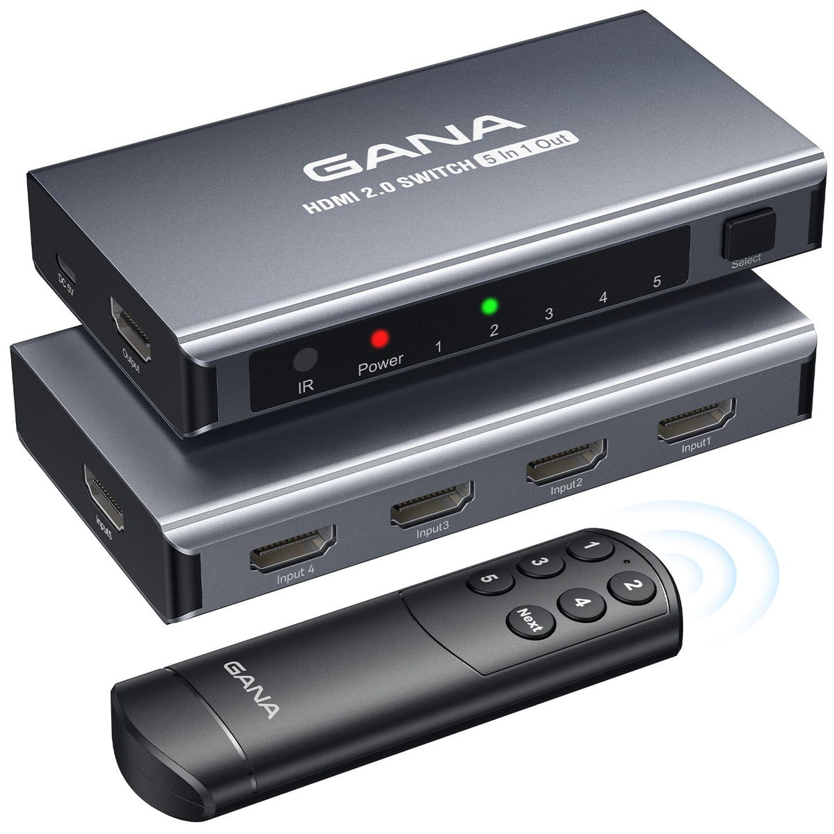 HDMI Switch 5 in 1 Out 4K@60Hz, GANA HDMI Splitter Switcher with Remote, Aluminum HDMI 2.0 Switch Box Hub for 3D, HDCP2.2, HDR, Compatible with Xbox, PS5/4/3,Fire Stick,Roku,Blu-Ray Player, Green
