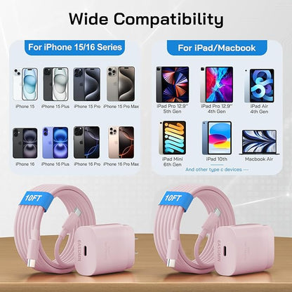 30W USB C i Phone 16 15 Charger Fast Charging, 2PACK Wall Charger for iPhone 16 15 Pro Max Charger Cord 10FT Fast Type C Charger Block for iPhone 16/16 Pro/15 Plus/15 Pro/15 Pro Max, iPad Pro, Pink
