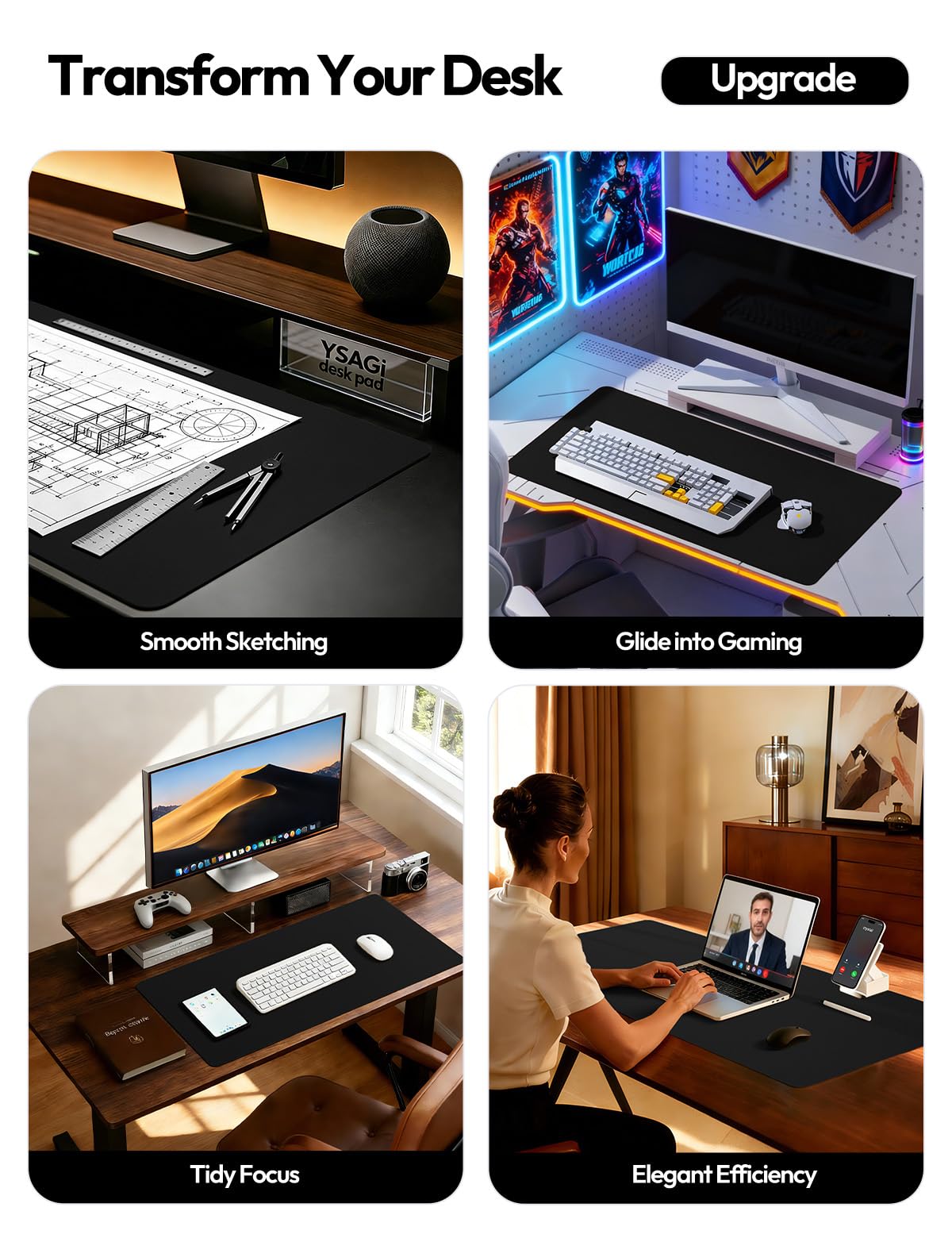 YSAGi Large Extended PU Leather Desk Pad Protector – Non-Slip Waterproof Desk Mat for Office & Home, Easy Clean Mouse Pad & Laptop Writing Blotter 35.4"x17" Black