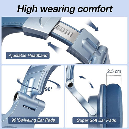 OneOdio A70 Bluetooth Over Ear Headphones, Wireless Headphones w/ 72H Playtime, Hi-Res, 3.5mm/6.35mm Wired Audio Jack for Studio Monitor & Mixing DJ Guitar AMP, Computer Laptop PC Tablet - Sky Blue