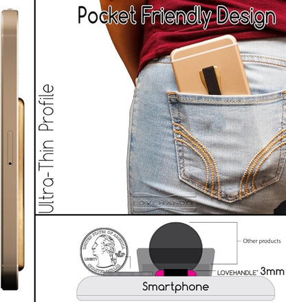 LOVEHANDLE Universal Phone Grip for Smartphones & Mini Tablets - Phone Holder for Hand - Wireless Charging Compatible - Made in The USA - Black Elastic Strap with Mauve Rose Base