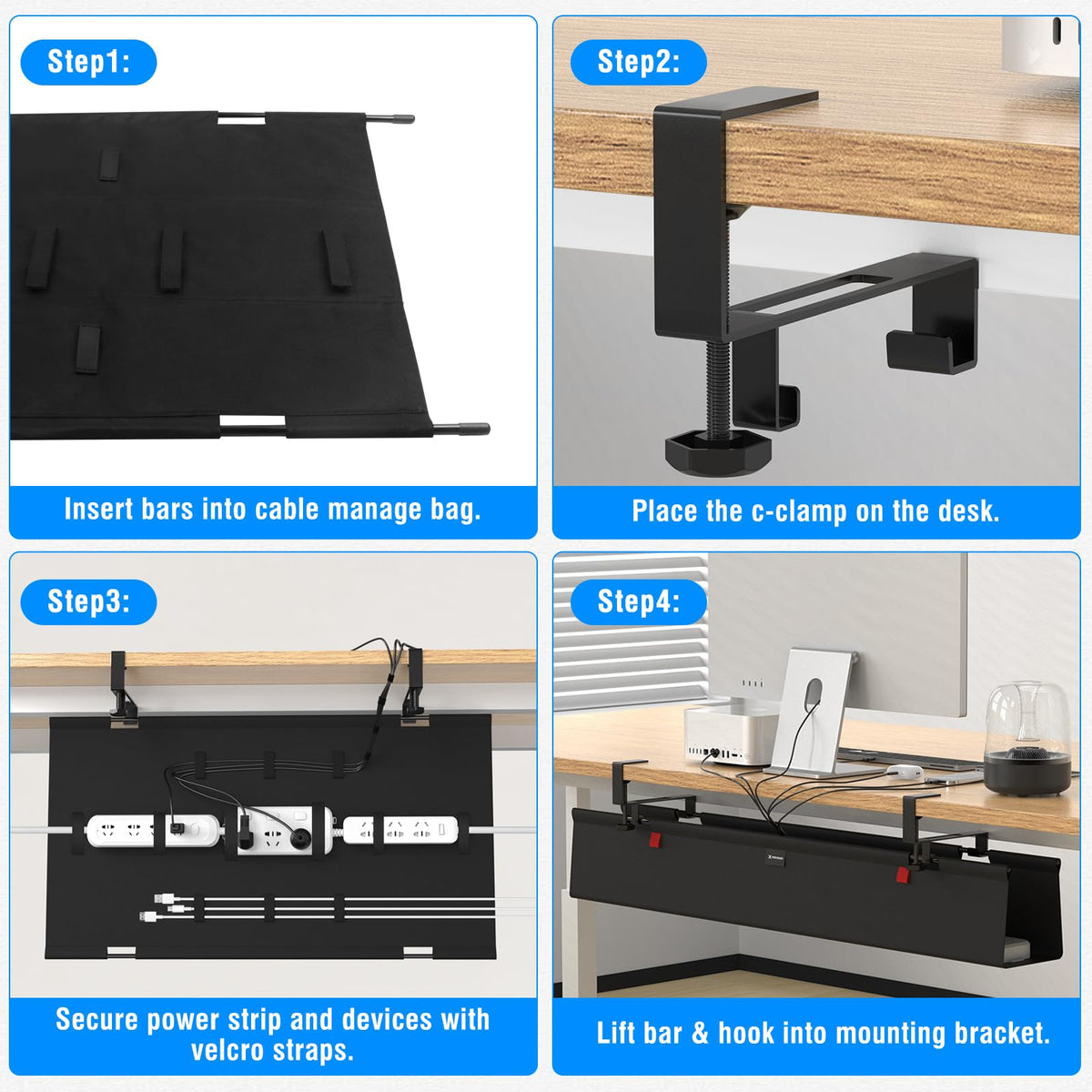 WISUGASO Under Desk Cable Management Tray for Table, No Drill 36" Cord Organizer with Cable Loop, Upgraded Oxford Fabric Wire Management for Office, Home - No Damage to Table