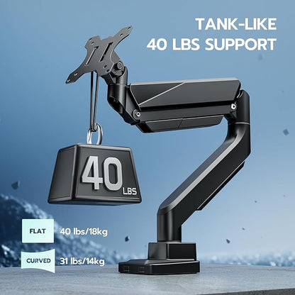 ARES WING Ultrawide Single Monitor Arm, Heavy Duty Monitor Mount for 13"-45" Curved Screens, Adjustable Stand for Desk with C-clamp & Grommet Base up to 40 LBS, Black