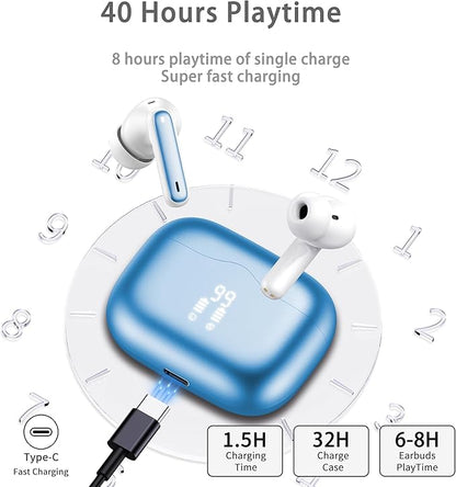 Wireless Earbuds, Bluetooth 5.4 Headphones in Ear with 4 ENC Noise Cancelling Mic, New Wireless Earphones HiFi Stereo Deep Bass 40H Playtime, In-Ear Bluetooth Earbuds LED Display IP7, USB-C, Lake Blue