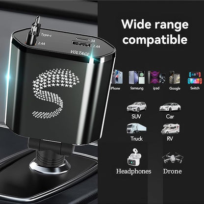 Retractable Car Charger USB C Fast Charging 120W, Car Accessories Cigarette Lighter Adapter Car Charger iPhone16 15 14 13 12 11 Car Essentials Gift for Travelers, Men, Women