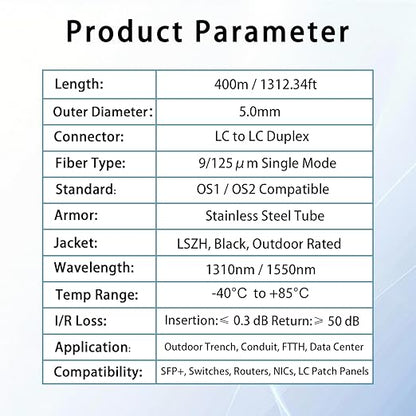400M/1312FT LC to LC Armored Outdoor Fiber Optic Cable, Single Mode Duplex 9/125μm SMF Fiber Patch Cord, OS1/OS2 Compatible, Black LSZH Jacket, Uniboot Jumper for FTTH, Data Center, Long-Distance Use