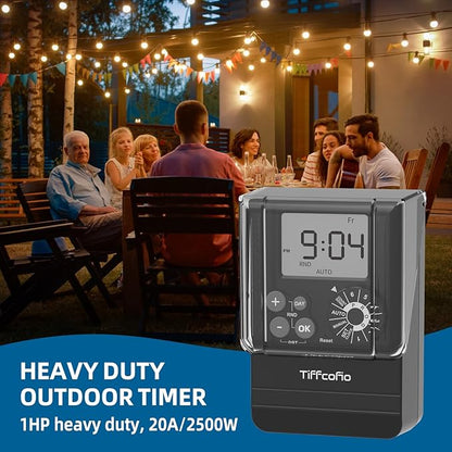 TiFFCOFiO New Digital Outdoor Timer Waterproof, Dial Programmable Method, Outdoor Light Timer with 2FT Extension Cord, 2 Grounded Electrical Outlets for Lights, 6 Sets of Programs, 20A/2500W
