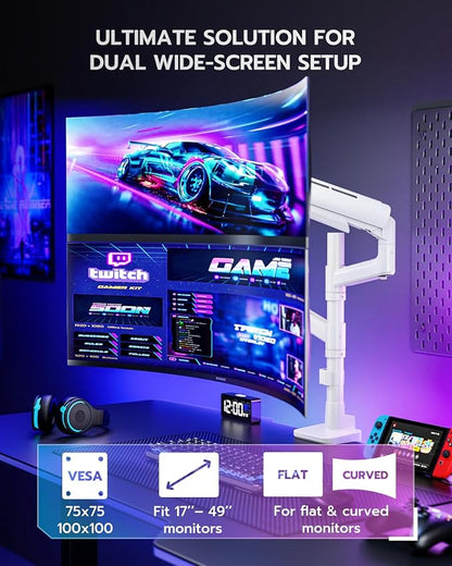 Vertical Dual Monitor Mount for 17-49 Inch Ultrawide Heavy Duty Curved Screen Stacking, Computer Monitor Arm Desk Mount, Gas Spring Adjustable Vesa Stand, White