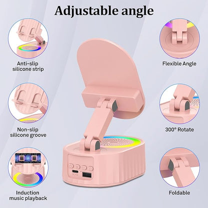 Wireless Induction Audio Bluetooth Speaker 5in1 Phone Holder Emergency Rechargeable (3000mAh) with Colorful Ambient Light 300° Foldable for Tablet iPhone Android, Womens Birthday Gifts(Pink)