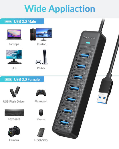 PHIXERO 7 Port USB Hub 3.0 with 1.6FT/50CM Long Cable, Multiport Adapter and Splitter for PC, Compatible with All USB 3.0/2.0/1.1 Devices