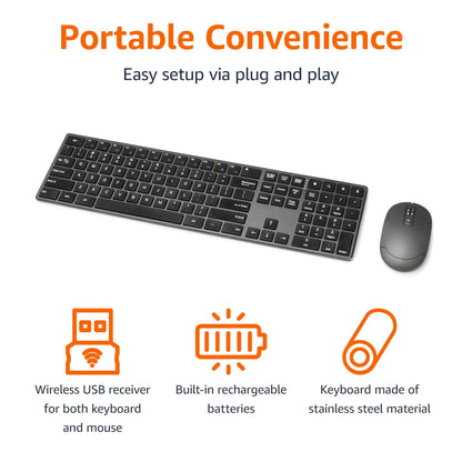 Amazon Basics Ultra Premium Wireless Keyboard and Mouse Combo, Rechargeable, Full-Size with Number Pad, Sleek Design, Plug and Play, Quiet Typing, 2.4GHz USB Receiver, Black