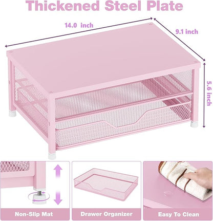 Desk Organizers and Accessories, 2-Tier Computer Monitor Stand Riser with Drawer, Laptop Stand, Office Desk Accessories, Workspace Desktop Organizer for Office Supplies, Pink