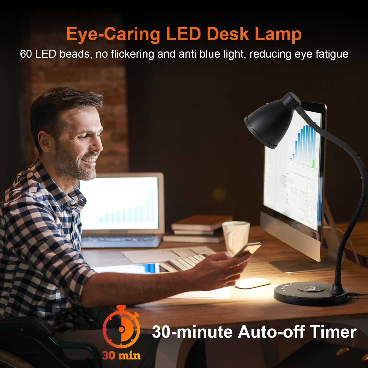 BOHON Desk Lamp for Home Office with USB C+A Charging Ports Timer Black