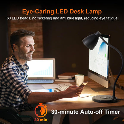 BOHON Desk Lamp for Home Office with USB C+A Charging Ports Timer Black
