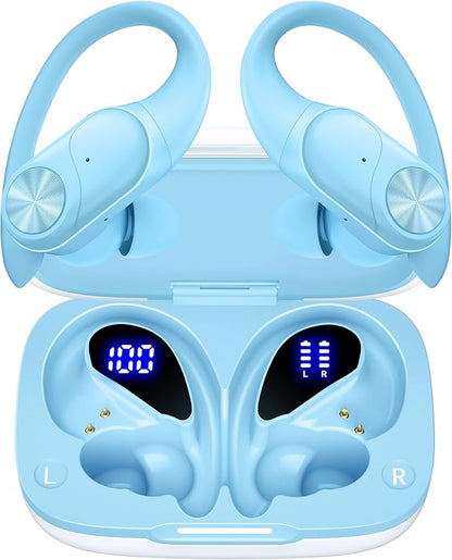 PocBuds Bluetooth Headphones Wireless Earbuds 80hrs Playtime Wireless Charging Case Digital Display Sports Ear Buds with Earhook Deep Bass IPX7 Waterproof Over-Ear Earphones for TV Phone Laptop Blue
