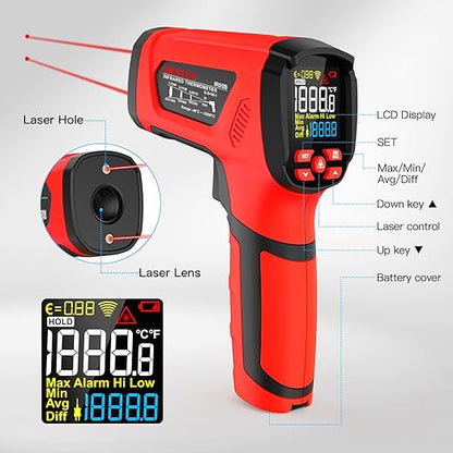 MESTEK Infrared Thermometer Temperature Gun, -40℉~3632℉, Non Contact Digital Laser Thermometer Gun Industrial Pyrometer 50:1 High Temp Thermometer with Color LCD Display, Adjustable Emissivity