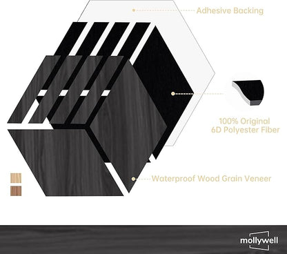 Mollywell Hexagon Acoustic Panels, Black Oak S4, 14x12x0.4 Inch, 12 Pack |Wood Veneer|High Density Sound Proofing Wall Panels|Self Adhesive Sound Dampening Felt Wall Tiles|Home Theater|Gaming Room|