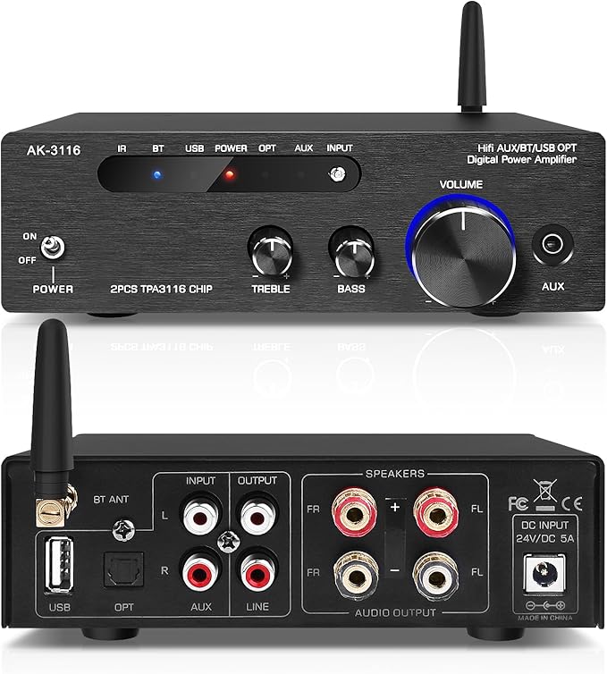 Beffkkip Amplifier Home Audio,Stereo Receiver Bluetooth 5.0 Power amp 100W x2 Wireless HiFi Stereo Class D Digital 2 Channel Integrated with Bass Treble Control for Passive Speakers
