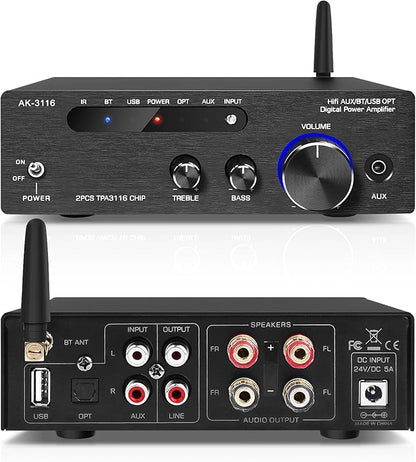 Beffkkip Amplifier Home Audio,Stereo Receiver Bluetooth 5.0 Power amp 100W x2 Wireless HiFi Stereo Class D Digital 2 Channel Integrated with Bass Treble Control for Passive Speakers