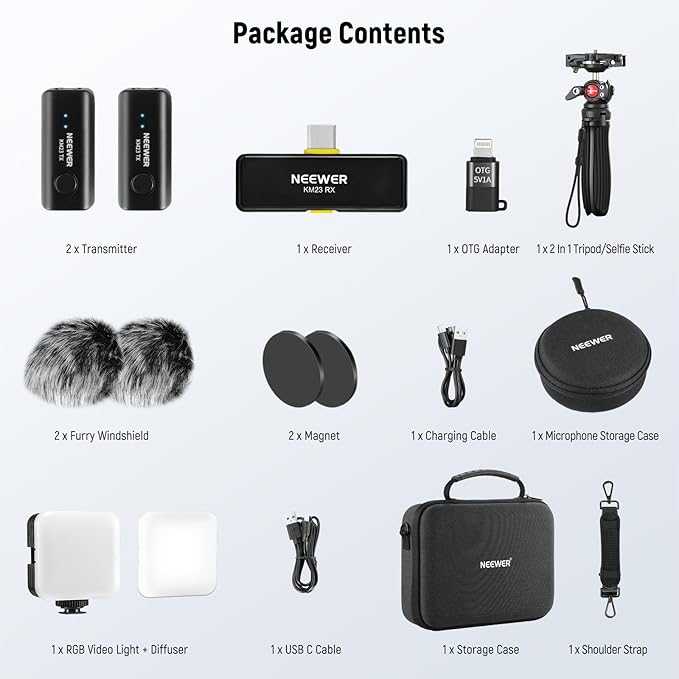 NEEWER Vlogging Kit for Phone with RGB LED Light/Lavalier Wireless Microphone System/Selfie Stick Phone Tripod, Content Creator Essentials for iPhone Android Podcast YouTube, PA048