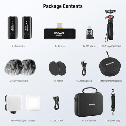 NEEWER Vlogging Kit for Phone with RGB LED Light/Lavalier Wireless Microphone System/Selfie Stick Phone Tripod, Content Creator Essentials for iPhone Android Podcast YouTube, PA048