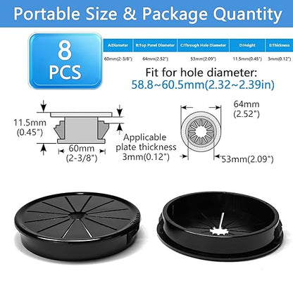 8 Pcs Cable Grommet, Snap Bushing 2-3/8" (60 mm) Mounting Diameter, Flexible Petal-Shaped Buckle Round Nylon Desk Grommet for Wires Through Countertop Cord Organizer and Protection, Black