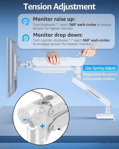 Single Monitor Mount for 22 24 27 32 inch Screen, Gas Spring Arm Holds 4.4-22 lbs, Monitor Desk Mount, Gaming & Home Office Use, VESA 75x75mm & 100x100mm, Freelift Pro White