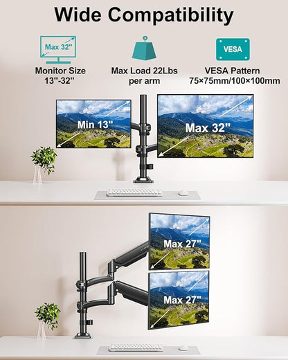 Dual Monitor Stand for Desk, Taller Monitor Arms for 2 Screens up to 32 inch, Ergonomic Adjustable Gas Spring Double Computer Monitor Mount, Holds 4.4-22lbs, VESA 75/100mm, Black, Freelift