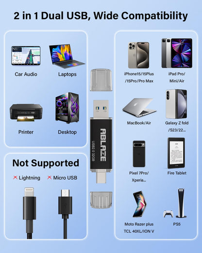 ABLAZE Type C Flash Drive 32GB 10 Pack, Dual USB 2.0+USB C Thumb Drives