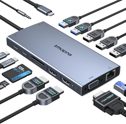 USB C Docking Station Dual Monitor 15 in 1 Laptop Docking Station Triple Display for Dell HP Lenovo Thinkpad Surface, USB C Hub Multiple Adapter Dongle with 4K HDMI+VGA+USB Port+Button+PD+Ethernet