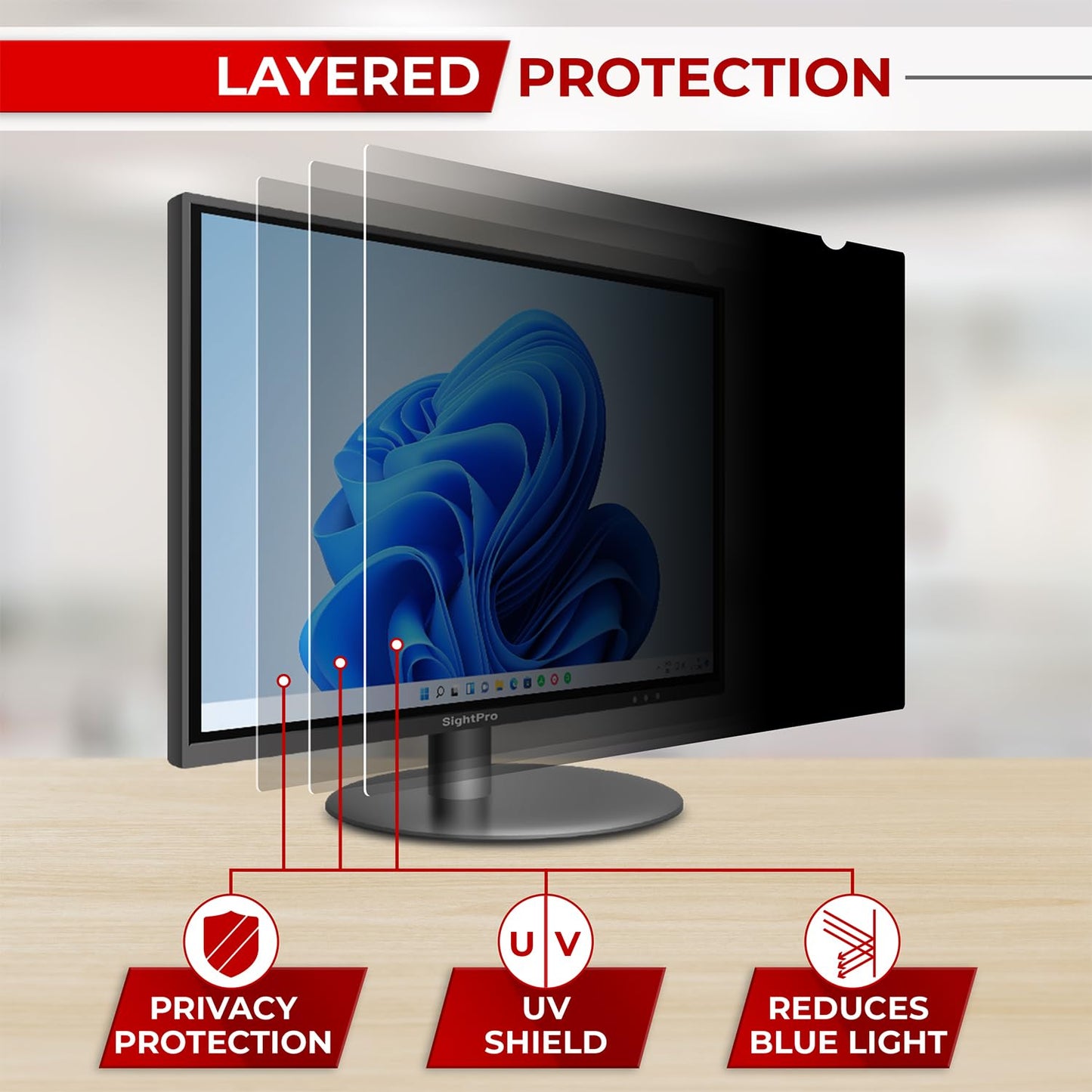 SightPro 22 Inch 16:10 Computer Privacy Screen Filter for Monitor - Privacy Shield and Anti-Glare Protector