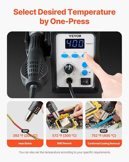 VEVOR Hot Air Rework Station, 700W Digital Display SMD Rework Station, 212℉-932℉ Hot Air Gun with Adjustable Airflow, 3 Pre-Set Channels & ℃/℉ Conversion for Chip Dismantling, Electronics Repair