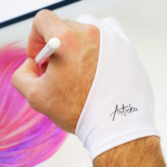 Articka Drawing Glove for Digital Drawing Tablet, iPad (Smudge Guard, Two-Finger, Reduces Friction, Elastic Lycra, Good for Right and Left Hand)(Large, White)
