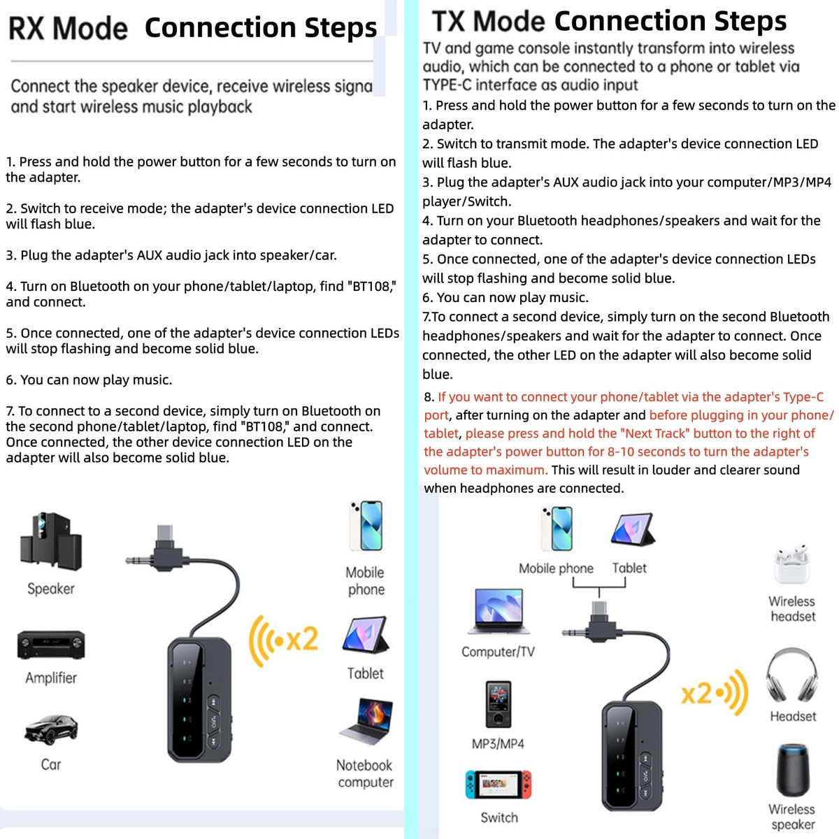 Bluetooth 5.4 Transceiver Pro - Dual Audio Streaming for Airplane/Car/Home
