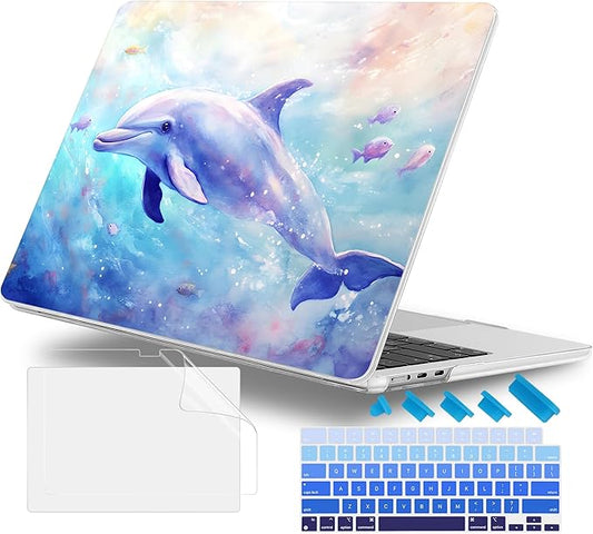 Case for MacBook Air 15 Inch 2025 2024 2023 Release M4 A3241 M3 A3114 M2 A2941, Hard Shell with Screen Protector & Keyboard Cover, Compatible with Touch ID, Blue Whale