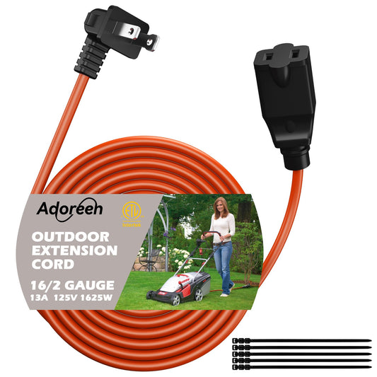 90 Degree 2 Prong Polarized Outdoor Power Extension Cord 15 FT, Angled Low-Profile Plug, 16 Gauge 125V SJTW Waterproof Long Cable for Home Office Lawnmower Garden Tools Lights, ETL+Ties-Bright Orange