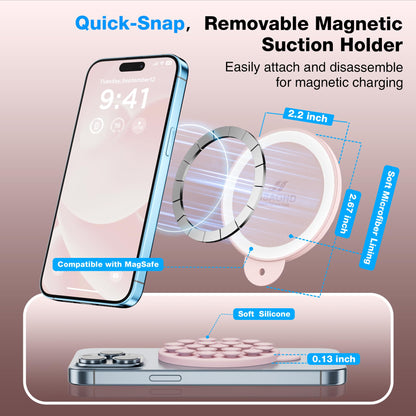 HSAOHD Magnetic Suction Cup Phone Mount, Compatible with MagSafe, Silicone Octo Cup Buddy Sticky Grip Holder for iPhone and Android, Removable Hands-Free Selfie/Video for TikTok, Lovely Pink