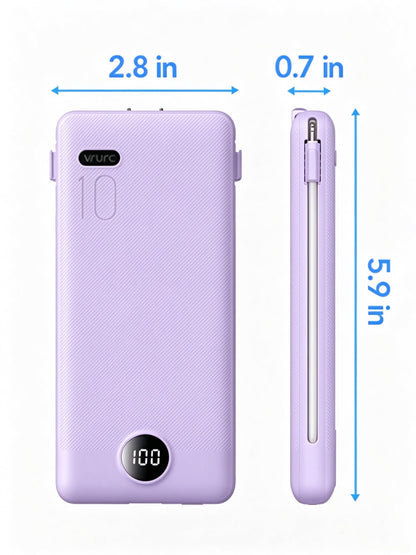 VRURC Portable Charger Built-in Cables and AC Wall Plug, USB C Power Bank 10000mAh, Travel Essentials Phone Charger Compact Lightweight External Battery Pack for Smart Phones, Tablets etc-Purple