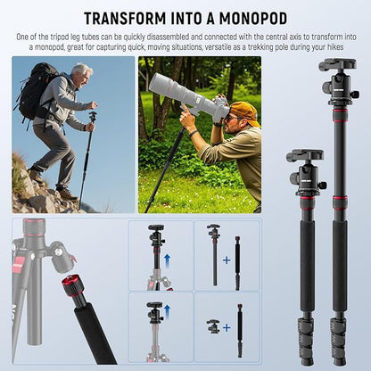 NEEWER Basics Camera Tripod Monopod, 71" Aluminum Heavy Duty Portable Travel DSLR Cell Phone Stand with 360° Ball Head Cellphone Holder Mount Compatible with iPhone for Filming Video Recording, TP15