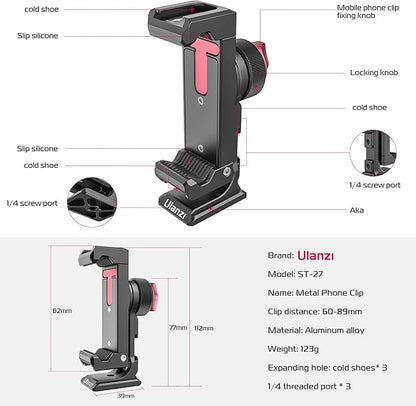 Metal Phone Tripod Mount 3 Cold Shoes & Arca Port, 360° Smartphone Tripod Adapter for iPhone Samsung Cell Phone Stand Holder for Desktop Video Live Streaming Vlogging Rig
