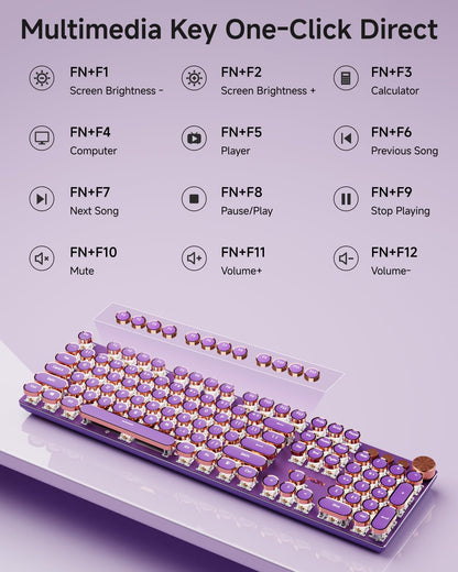 EWEADN Wired Typewriter Mechanical Keyboard, Low Noise Pink Switch Retro Punk Keyboard with Media Knob, White Backlit, Metal Panel, 104-Key Round Keycaps Cute Keyboard for Windows PC -Purple