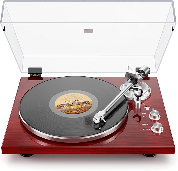 Belt Drive Turntable for Vinyl Record Player,Connect with Bluetooth Speakers or Active Speaker,Built-in Phono Pre-amp,USB Digital Output, Magnetic Cartridge,High-Gloss Wood Design(Red)