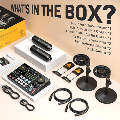 MAONO Podcast Equipment Bundle for 2: Audio Interface Mixer with 2 XLR Condenser Mic Noise Reduction Podcast Streaming MaonoCaster E2 Gen2B