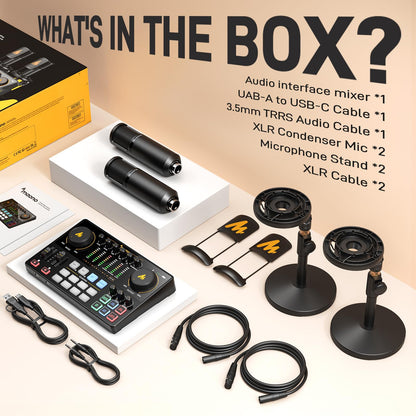 MAONO E2 Gen2B Podcast Equipment Bundle for 2, Dual XLR Condenser Mic Mixer