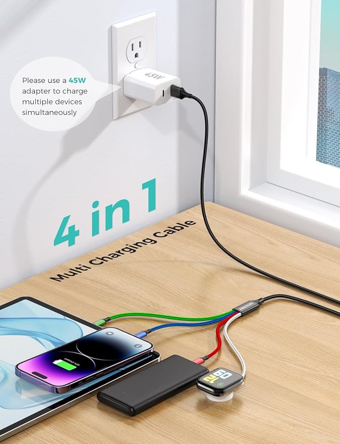 Upgraded Travel Essentials for Apple Watch Charger 4 in 1 Multi Charging Cable iWatch Charger Camping Essentials USB C/L/Micro Compatible with iWatch Series 10-1/SE/iPhone 16 15/Galaxy Android-4FT